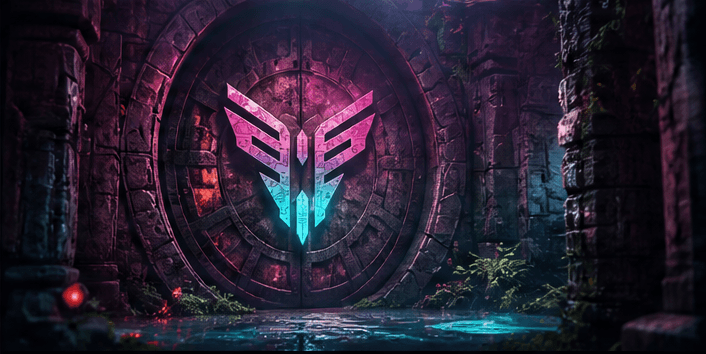 The Neon Moths portal glowing within reclaimed stone ruins in Nova Fortuna